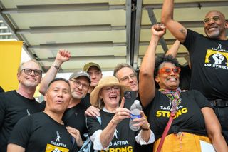 Steve Buscemi, BD Wong, Christian Slater, Brendan Fraser, Bryan Cranston, Nancy Giles and Ezra Knight at a SAG rally in New York City.