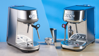 an image of the breville bambino / sage bambino and the breville bambino plus / sage bambino plus on a blue background 