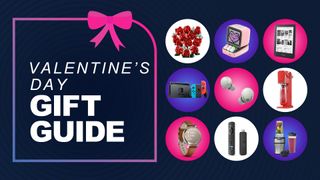 Nine different tech products are arranged on a navy blue background. Text beside them reads 'Valentine's Day gift guide'