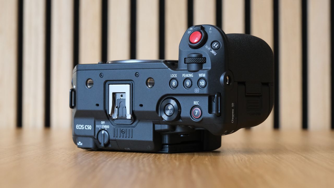 Canon EOS C50 against a striped wooden background