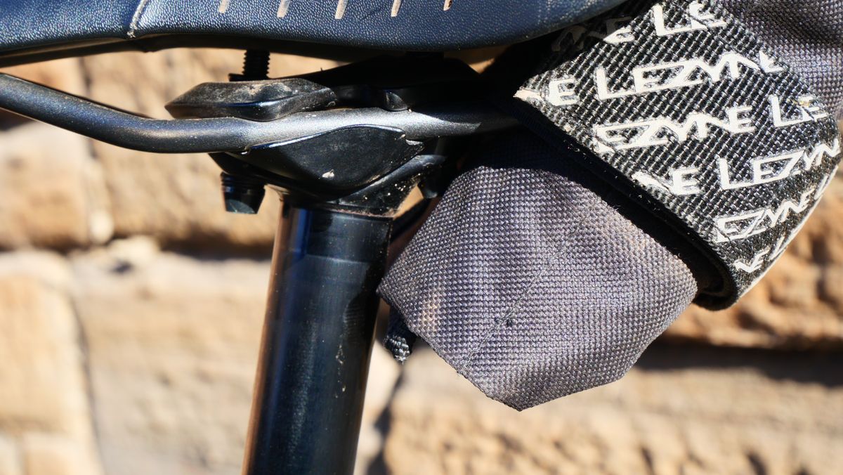 Detail shot of the Lezyne Roll Caddy touching the seatpost