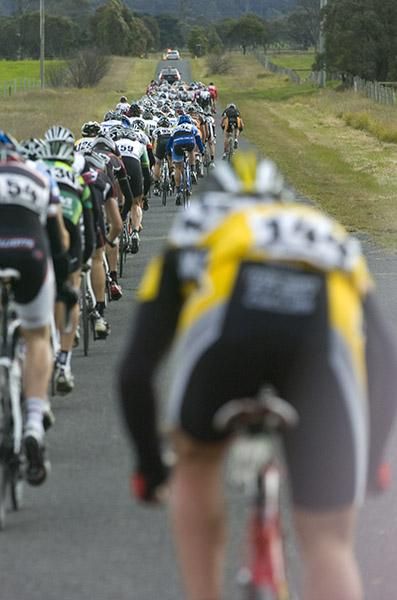 At the back of the peloton on the skinny roads near Heyfield on stage five.
