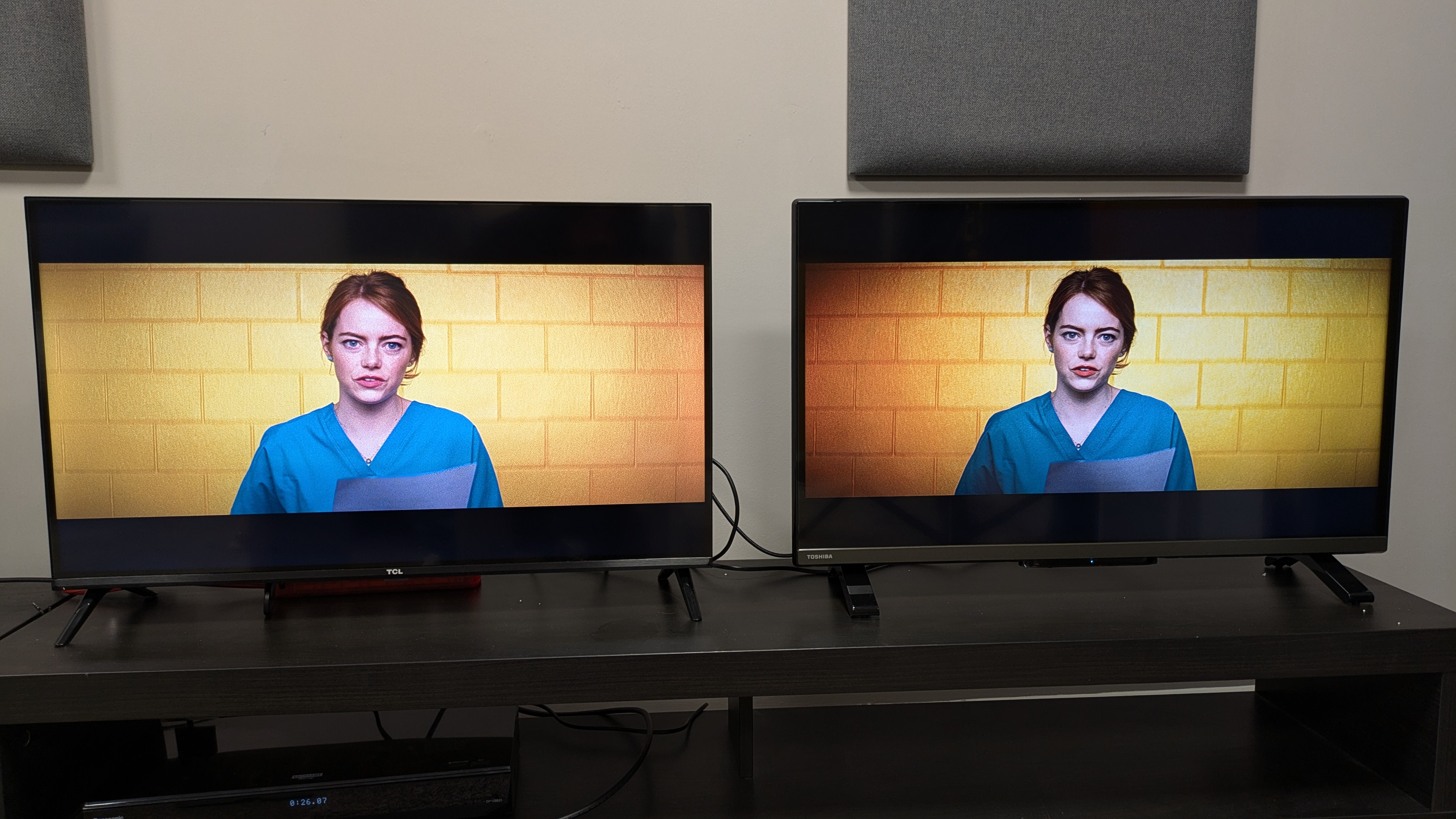 TCL 5400 and Toshiba LF2F53DB with La La Land audition scene on screen in Standard mode 