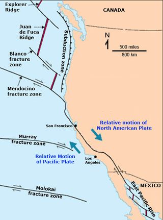 Map of the modern San Andreas Fault in relation to the greater plate-tectonic setting of western North America.