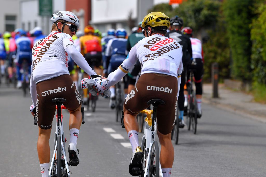OVERIJSE BELGIUM APRIL 14 Benoit Cosnefroy of France Greg Van Avermaet of Belgium and AG2R Citren Team during the 61st De Brabantse Pijl La Flche Brabanonne 2021 Mens Elite a 2017km race from Leuven to Overijse 106m Feed Zone BP21 FlandersClassic on April 14 2021 in Overijse Belgium Photo by Luc ClaessenGetty Images