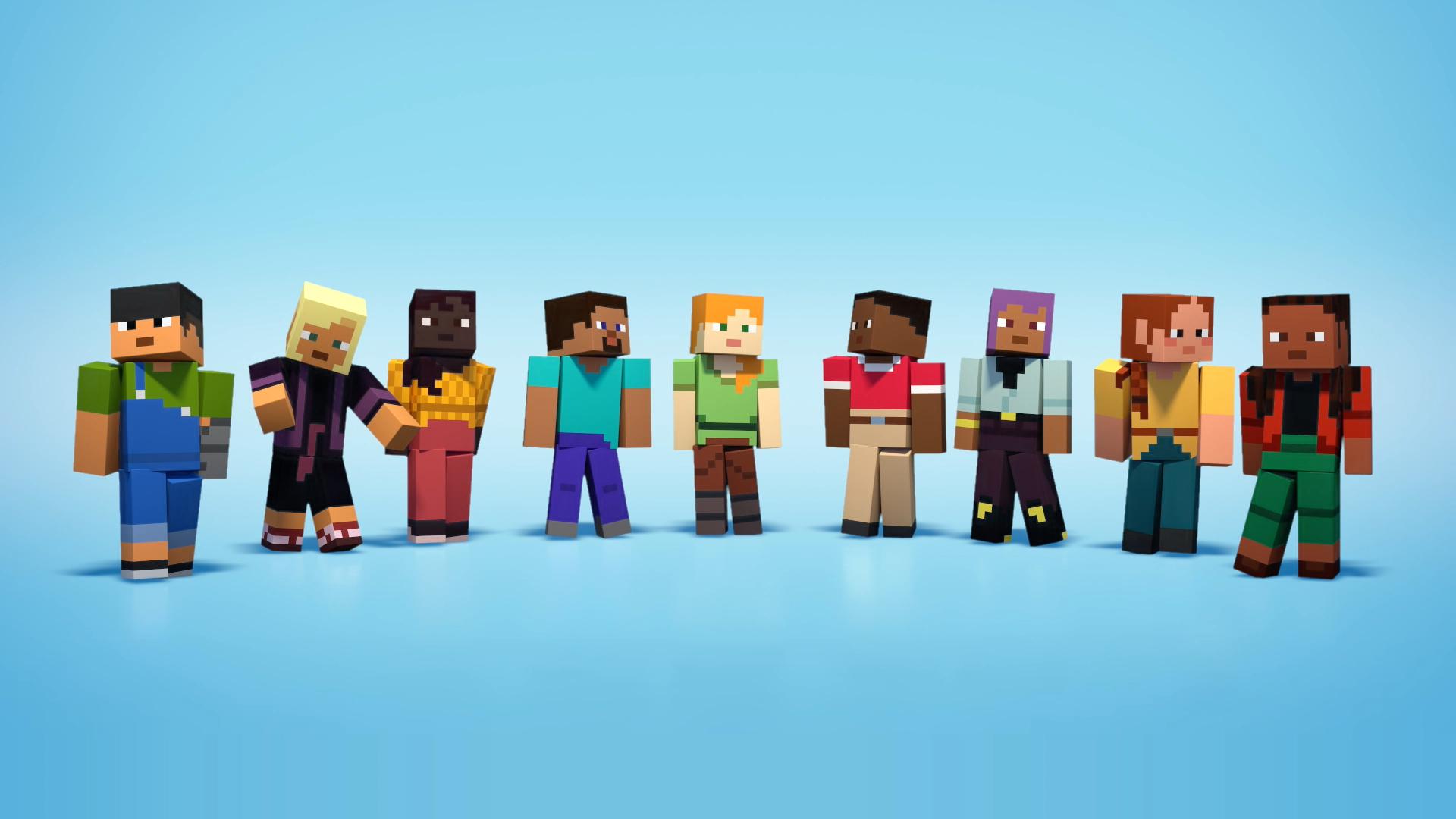 Minecraft - on a blue background, Steve and Alex stand between seven new default character skins.