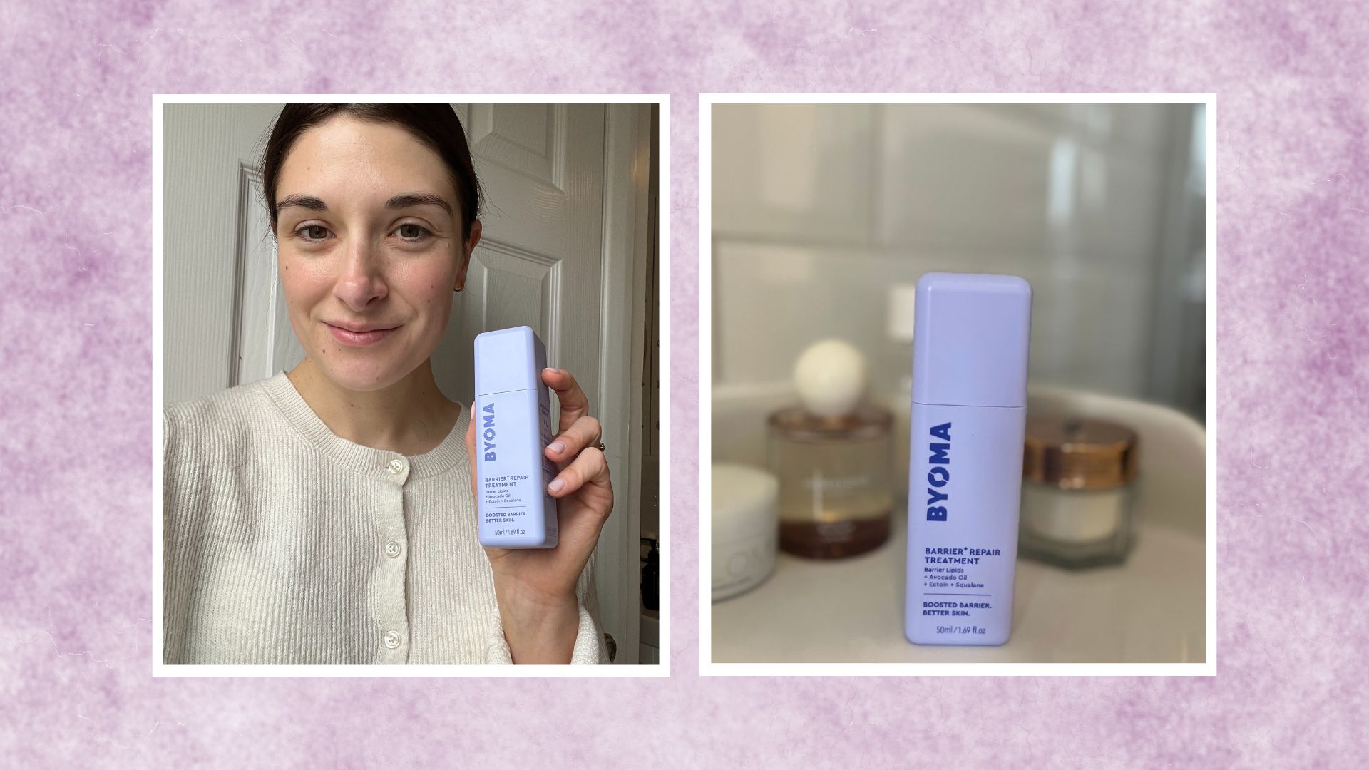 L - Beauty Editor Jess Beech holding Byoma Barrier+ Repair Treatment R - Byoma Barrier+ Repair Treatment on the side of bathroom sink