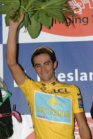 Alberto Contador on the podium as winner of the Profonde Van Surhuisterveen.