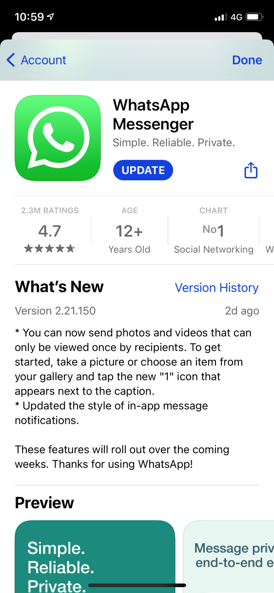 WhatsApp update showing view once feature available to download on Apple App Store