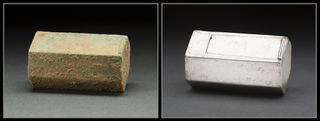 Two images of a silver box known as a reliquary.