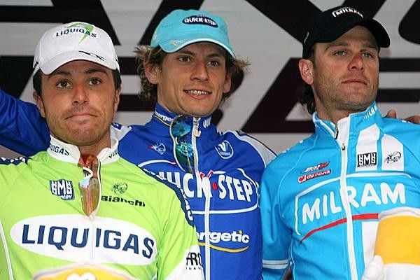 The podium (L to R): Luca Paolini (2nd), Filippo Pozzato (1st) and Alessandro Petacchi (3rd)