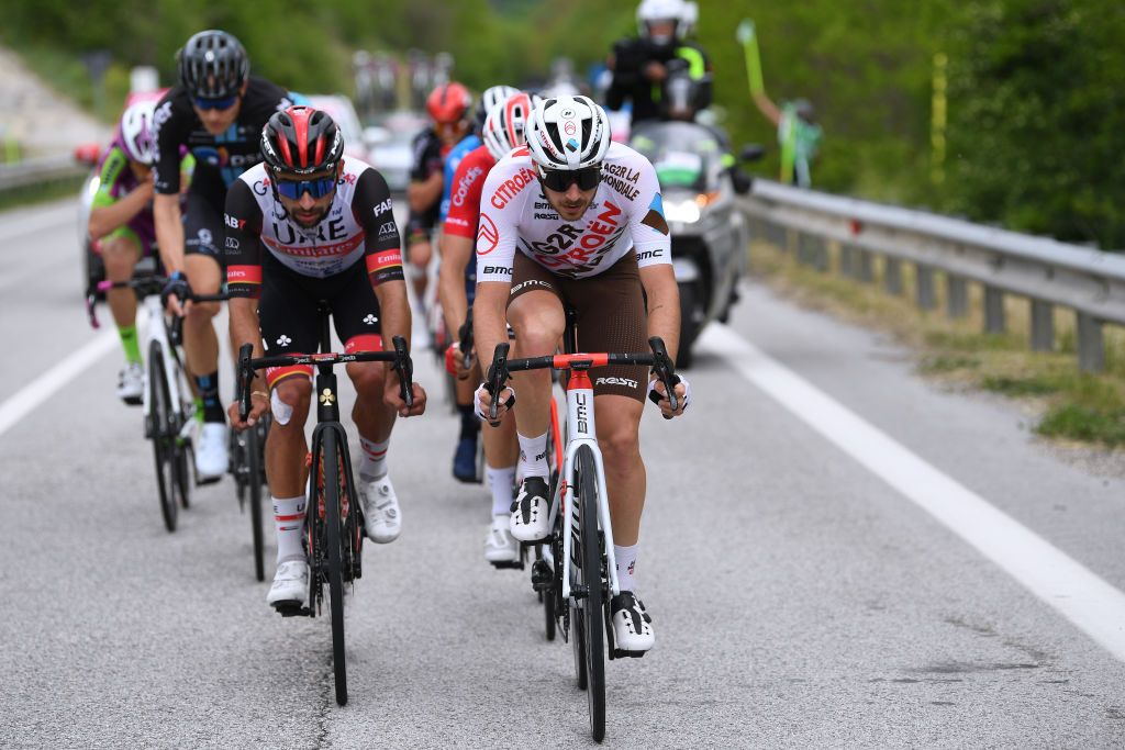 GUARDIA SANFRAMONDI ITALY MAY 15 Fernando Gaviria Rendon of Colombia and UAE Team Emirates Alexis Gougeard of France and AG2R Citren Team in the Breakaway during the 104th Giro dItalia 2021 Stage 8 a 170km stage from Foggia to Guardia Sanframondi 455m girodiitalia Giro UCIworldtour on May 15 2021 in Guardia Sanframondi Italy Photo by Tim de WaeleGetty Images