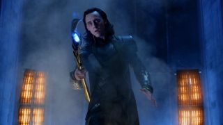 Tom Hiddleston's Loki hold scepter in The Avengers