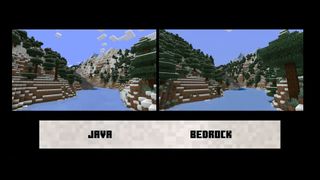 Minecraft Life 2021 screenshot - an example of a Java world and Bedrock world generated with the same seed. Both showing a snowy biome with a frozen lake that look nearly identical.