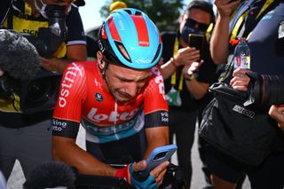 BARCELONNETTE FRANCE JULY 18 Stage winner Victor Campenaerts of Belgium and Team Lotto Dstny reacts after the 111th Tour de France 2024 Stage 18 a 1795km stage from Gap to Barcelonnette 1134m UCIWT on July 18 2024 in Barcelonnette France Photo by Dario BelingheriGetty Images