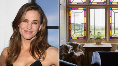 a split screen image with jennifer garner on the left and a reading nook with a stained glass window on the right