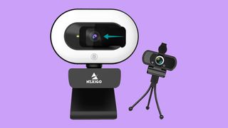 1080p cheap webcams on Amazon against a lilac background