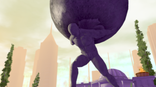Atlas holds up the globe upon his shoulders in Atlas Park, a zone in City of Heroes.