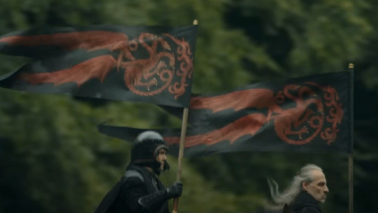 Two Targaryen flags that feature a sigil of a dragon with it's wings extended.