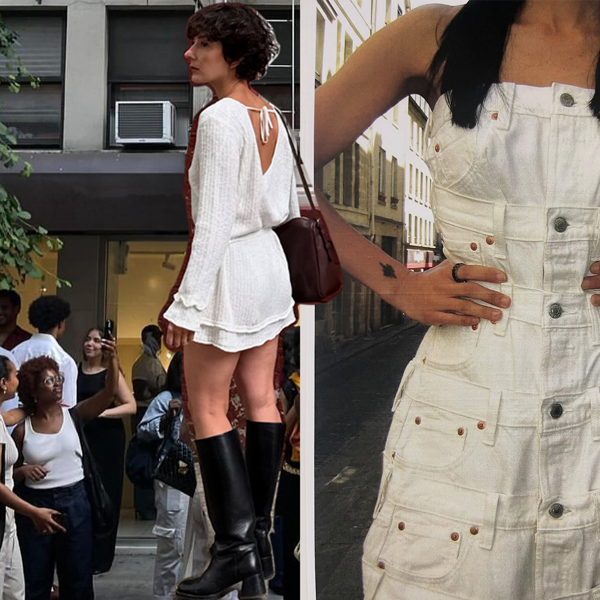 A woman wearing a white short dress and black boots, and a woman wearing a white denim dress