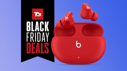 Beats Studio Buds on blue background with Black Friday Deals sign