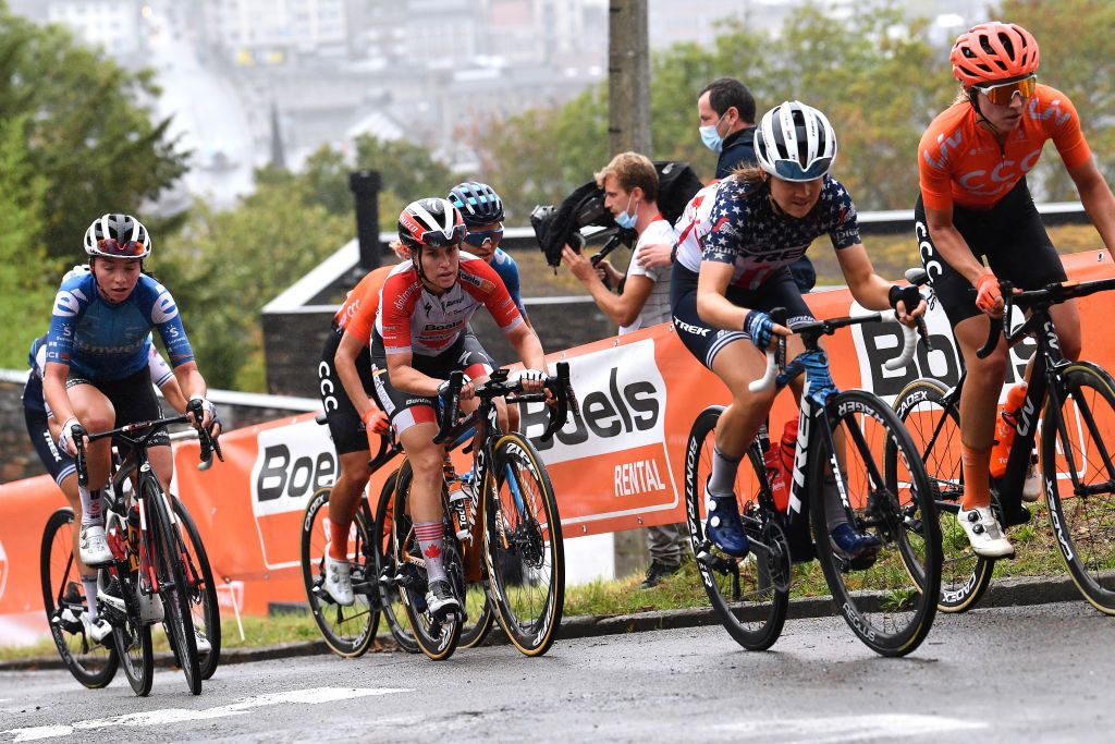 A group of riders struggle on the slopes of the Mur de Huy