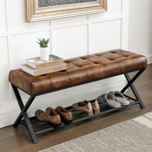Lue Bona Upholstered Shoe Storage Bench With Shelf, 113cm End of Bed Shoe Bench, Leather Tufted Seat With Metal Frame, Modern Hallway Bench for Bedroom, Living Room, Yellowish Brown
