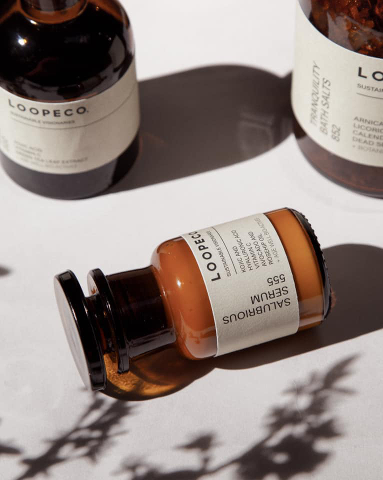 Loopeco vegan skincare products in brown bottles