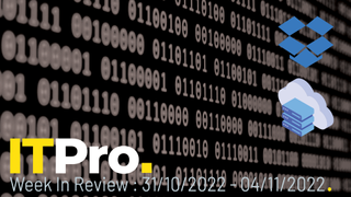 A thumbnail for the IT Pro News in Review video showing black and white binary code on a screen with the Dropbox logo overlaid