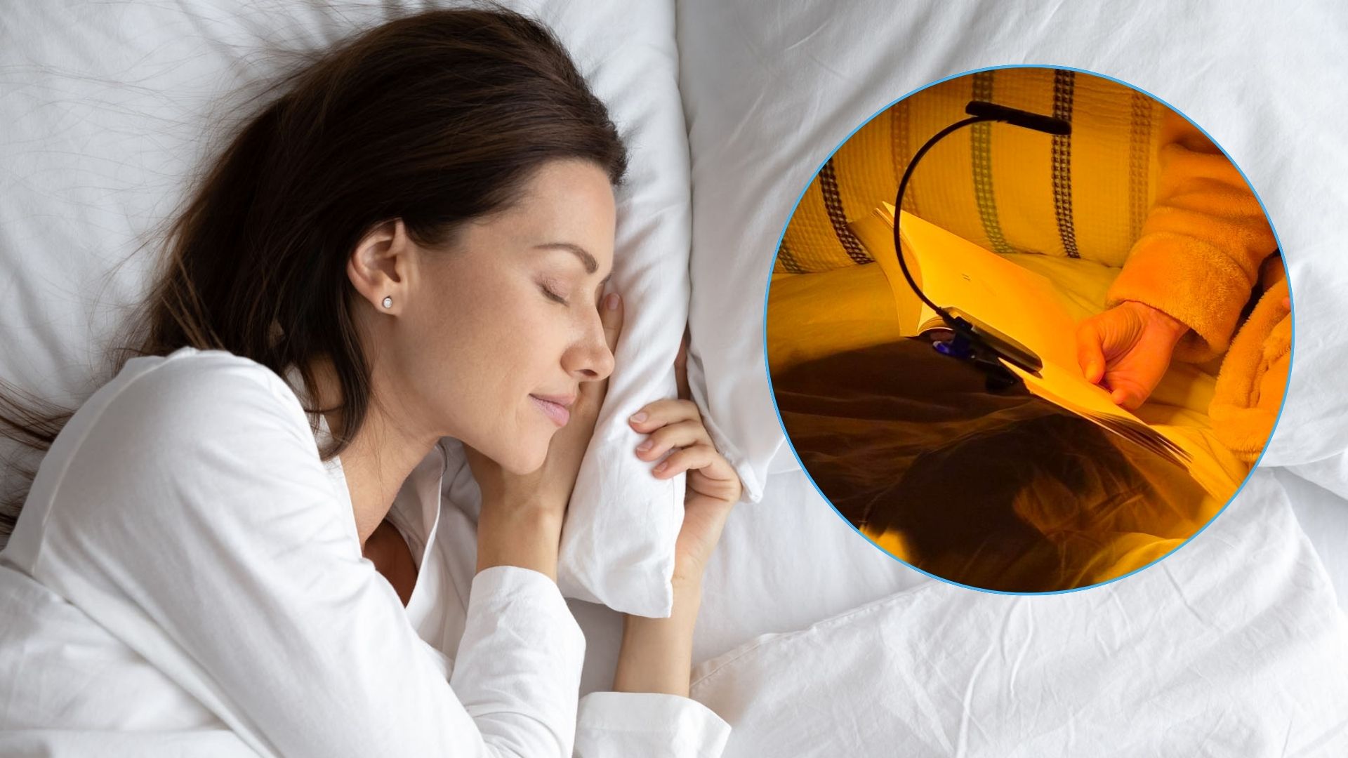 The image shows a dark haired woman sleeping on her side, with her head resting on a white pillow. Inset in a circle on the right, there is an image of an amber colored book light on a book.
