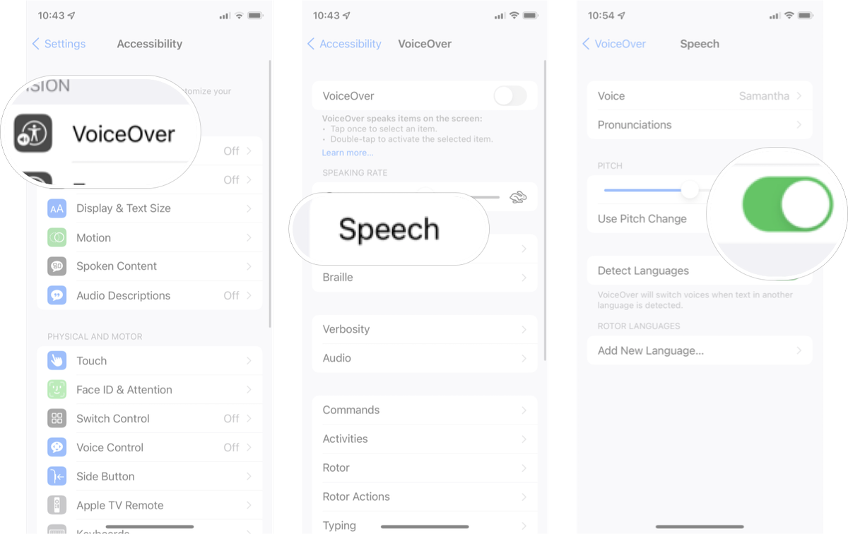 How To Enable Pitch Change In iOS: Tap VoiceOver, tap Speech, and then tap the pitch change on/off switch.