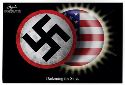 Political cartoon U.S. Charlottesville Nazi white supremacy eclipse