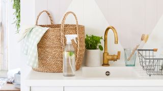 natural cleaning products - a kitchen sink with gold tap, lemon spra, dishbrush - SS20-Spring-Clean-Dunelm