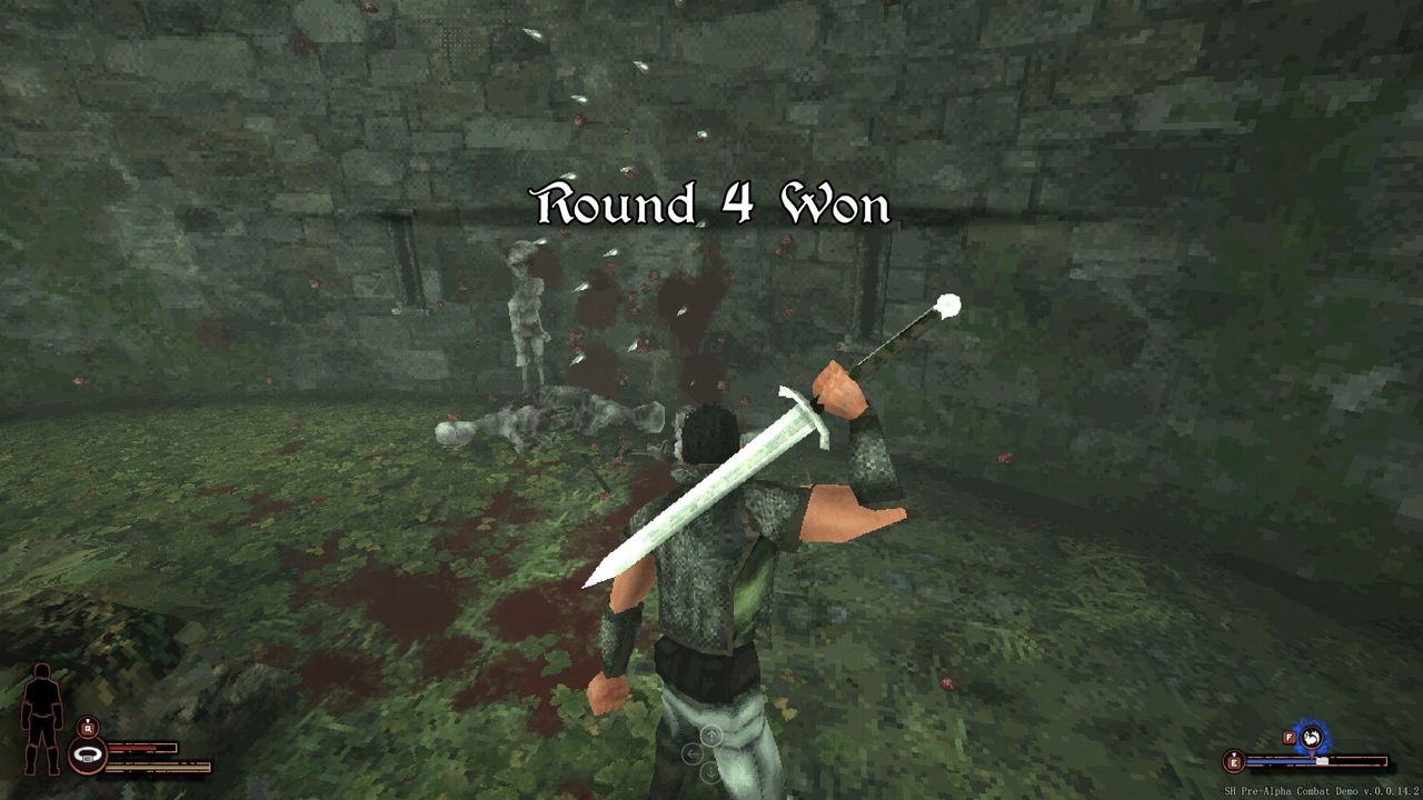 Sword hero examining enemies kicked into spike trap with "Round 4 Won" text overlaid