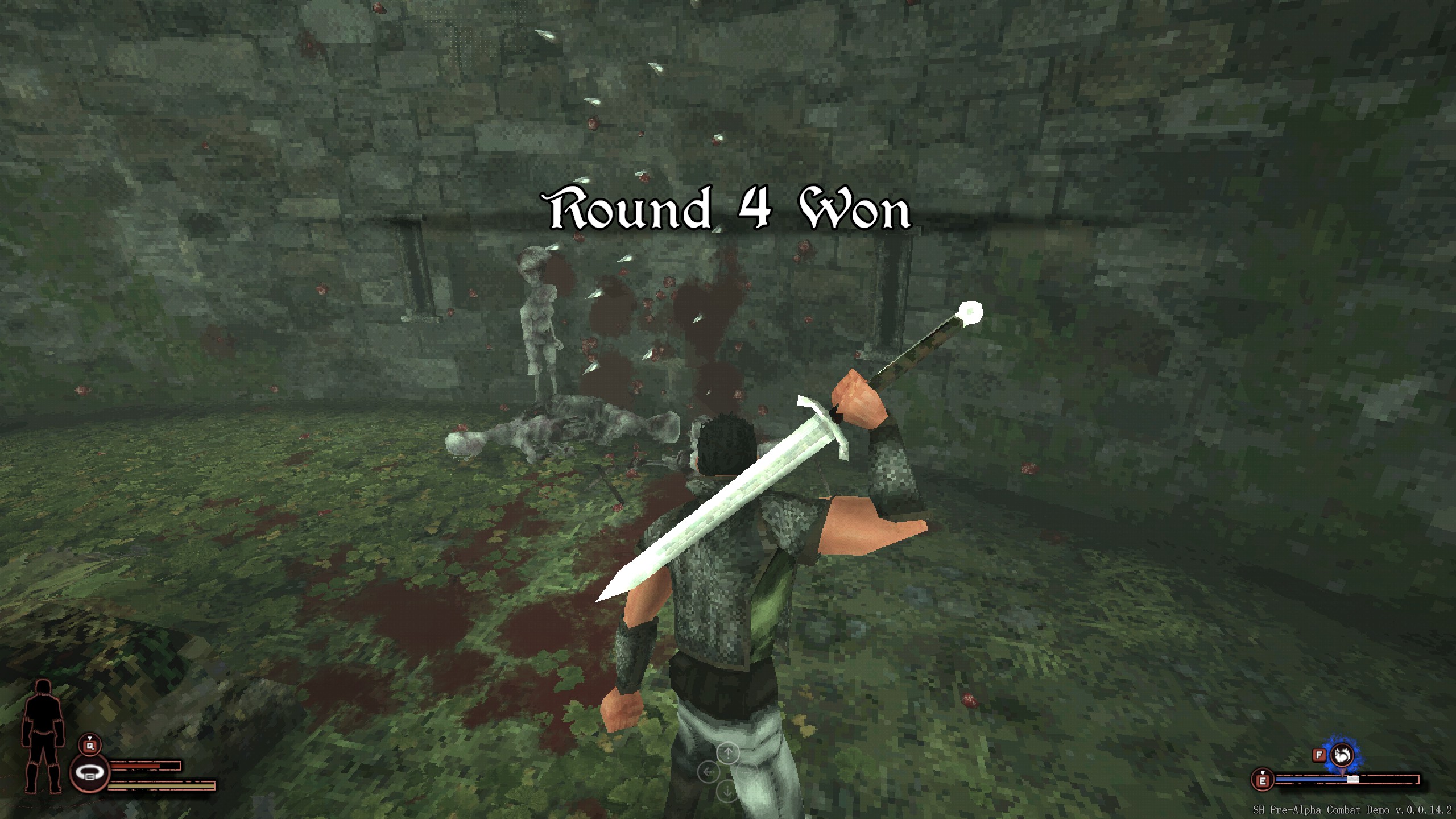 Sword hero examining enemies kicked into spike trap with "Round 4 Won" text overlaid