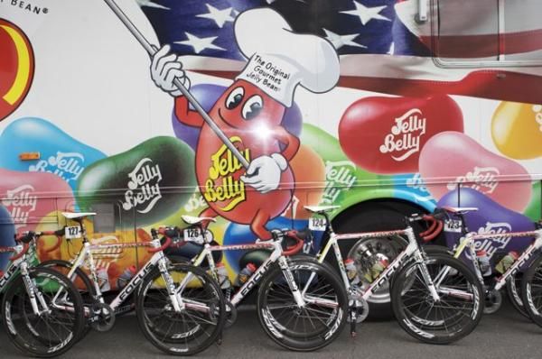 Jelly Belly bikes in front of a cheerfully painted team rig.