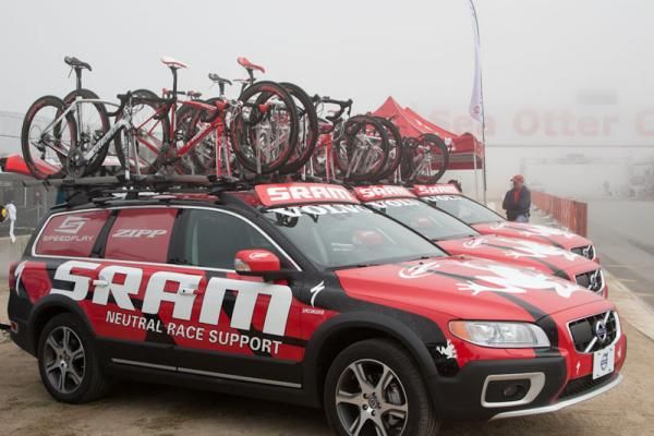 SRAM Neutral Race Support vehicles loaded and ready for the start of the final stage of the Sea Otter Classic