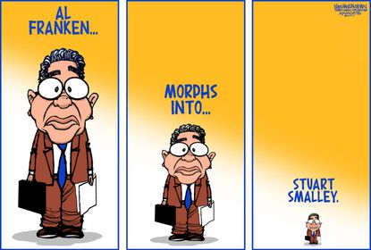 Political cartoon U.S. Al Franken sexual harassment abuse Stuart Smalley