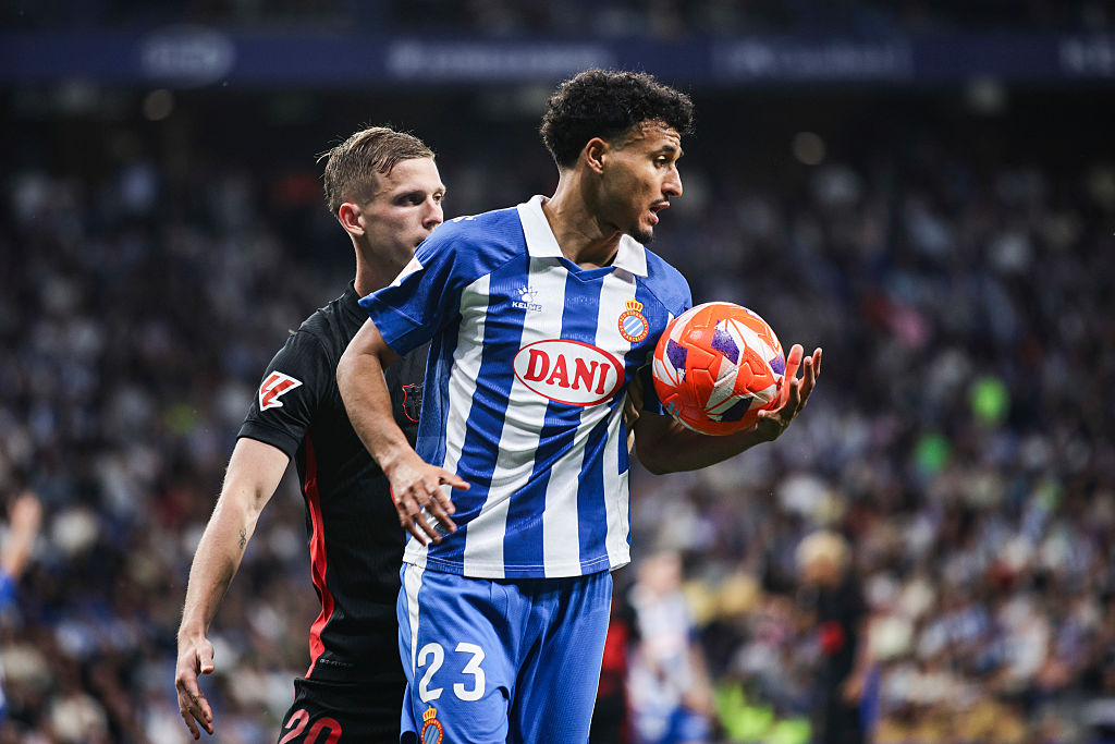 Omar El Hilali plays during the match between RCD Espanyol and UD Las Palmas, corresponding to week 38 of LaLiga EA Sports, at the RCDE Stadium in Barcelona, Spain, on May 24, 2025.