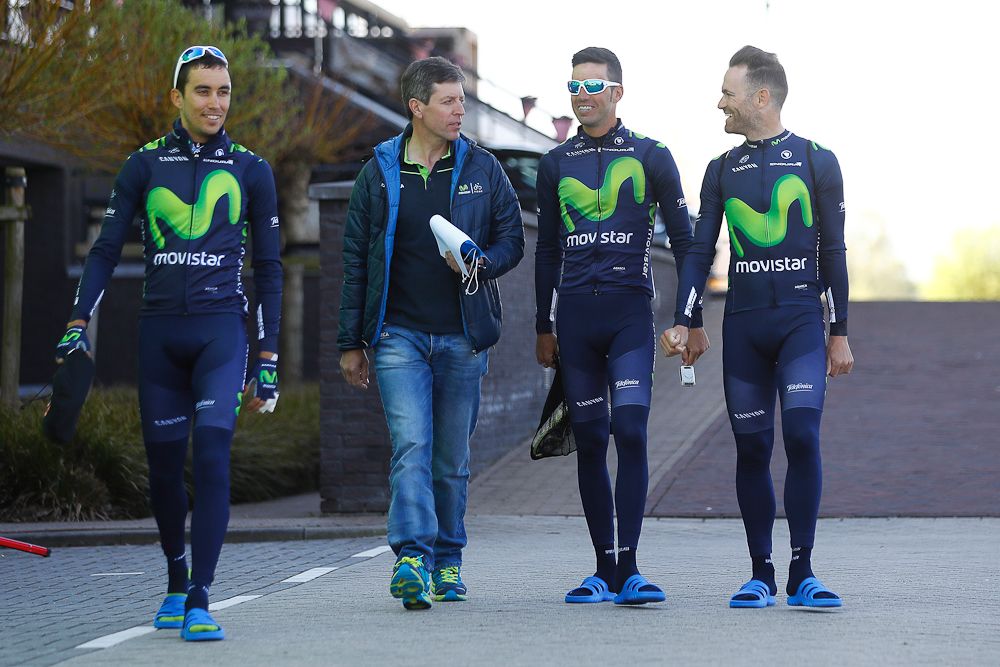 Movistar riders get ready for Sunday's training ride.