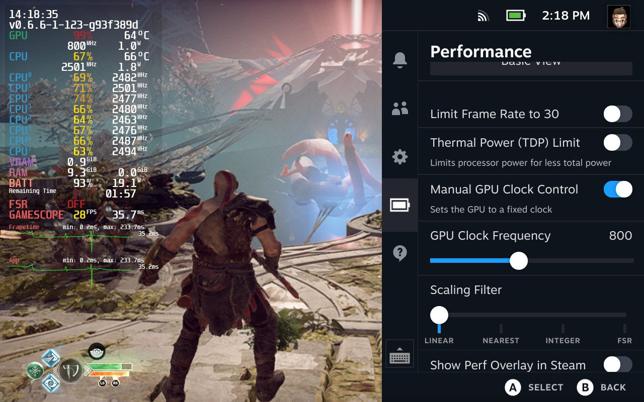 God of War on the Steam Deck with the advanced performance overlay open