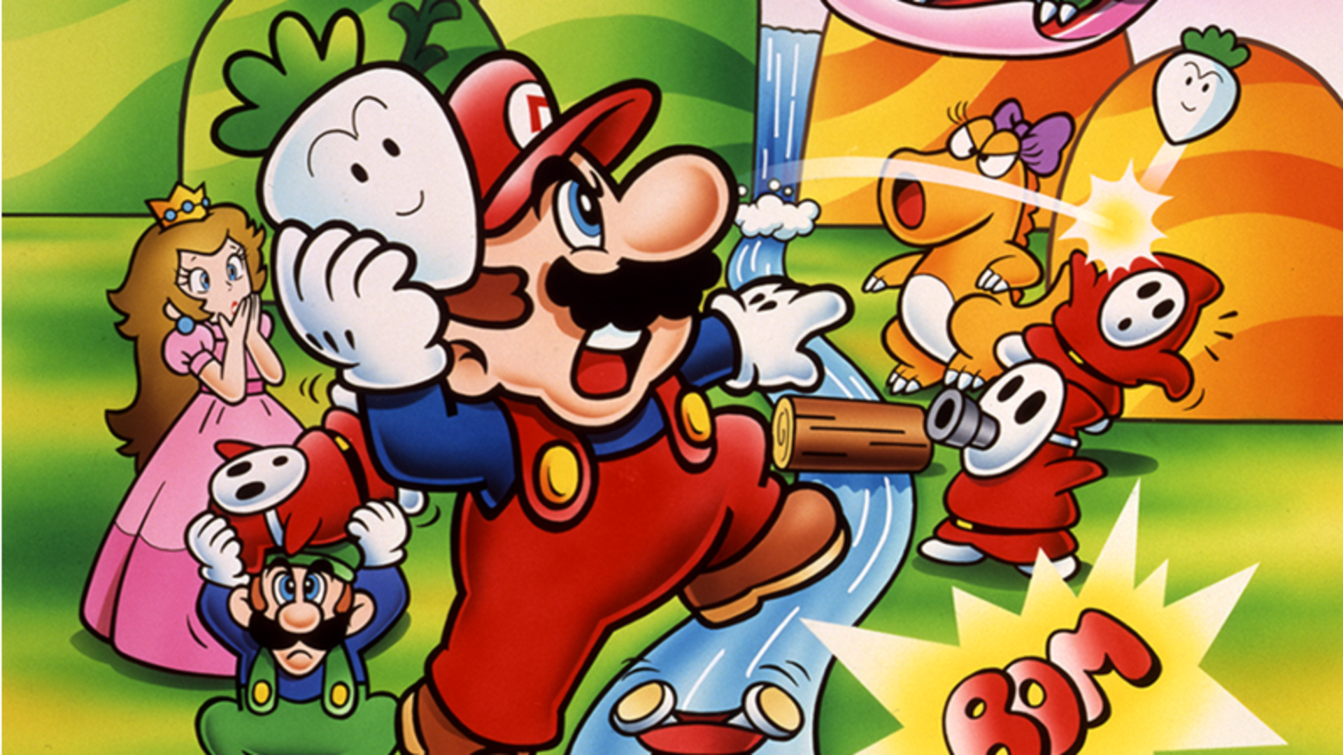 Mario Bros 2 key art showing mario throwing a vegtable at enemies
