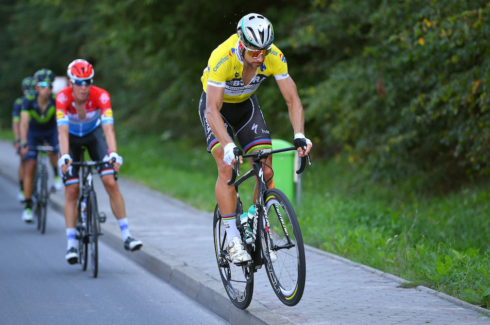 Peter Sagan pops a wheelie at the Tour de Pologne.