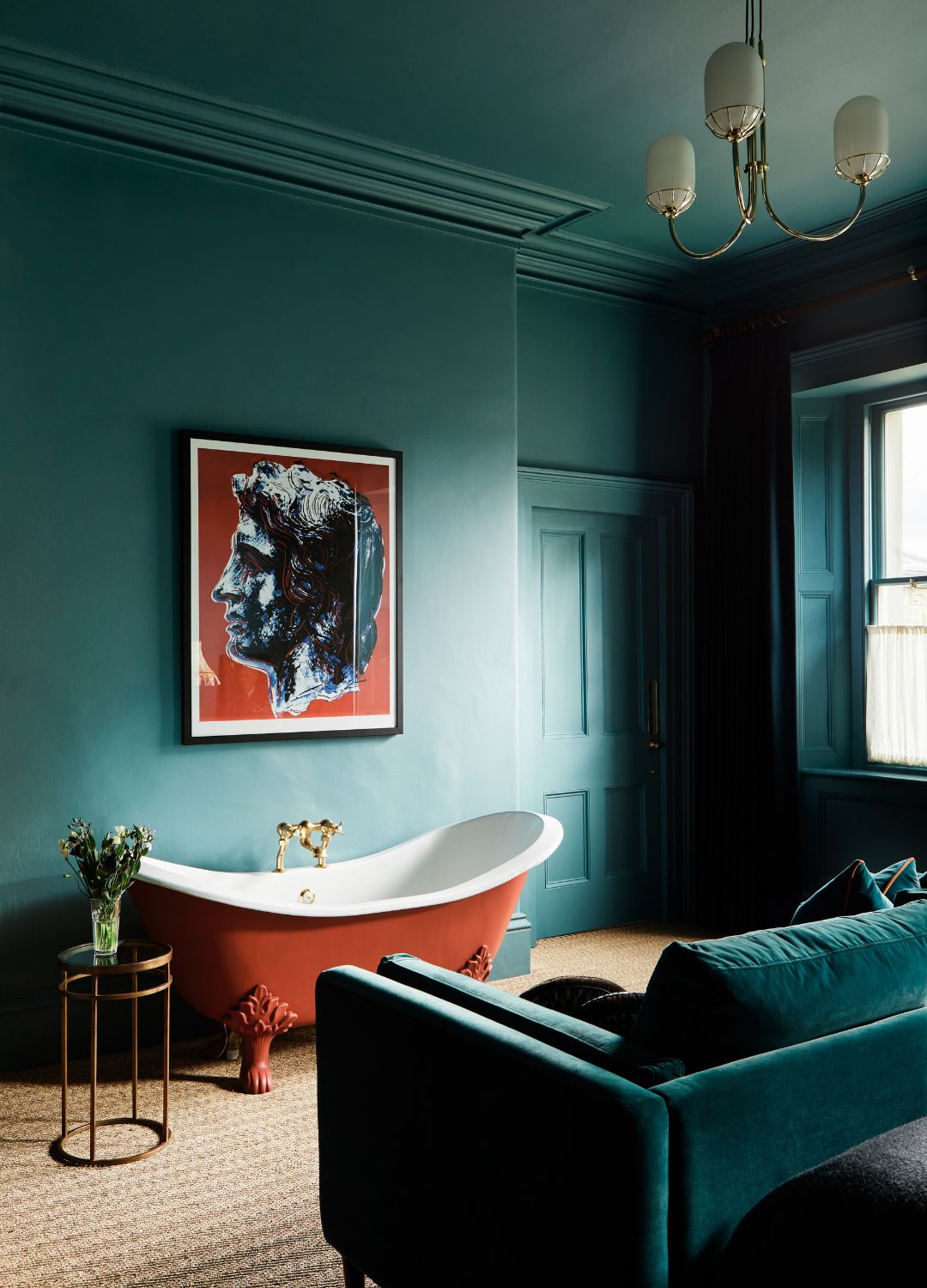 picture of blue room with orange features