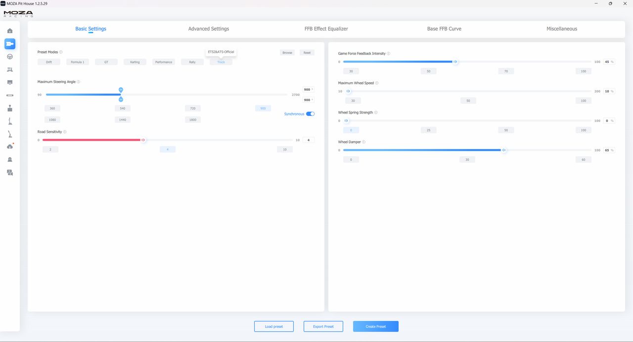 MOZA Pit House app configuring TSW Truck Wheel