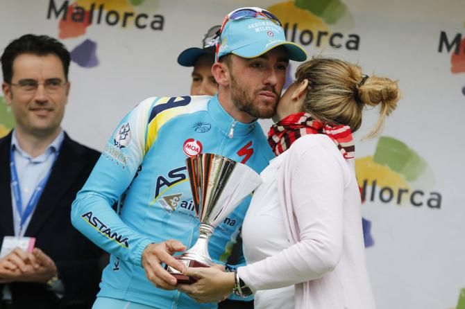Francesco Gavazzi (Astana) collects a kiss and a trophy for his third place finish
