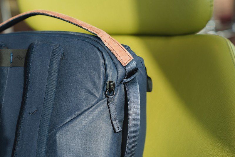 Leather top handle and nylon side handles on the Peak Design Everyday Backpack v2