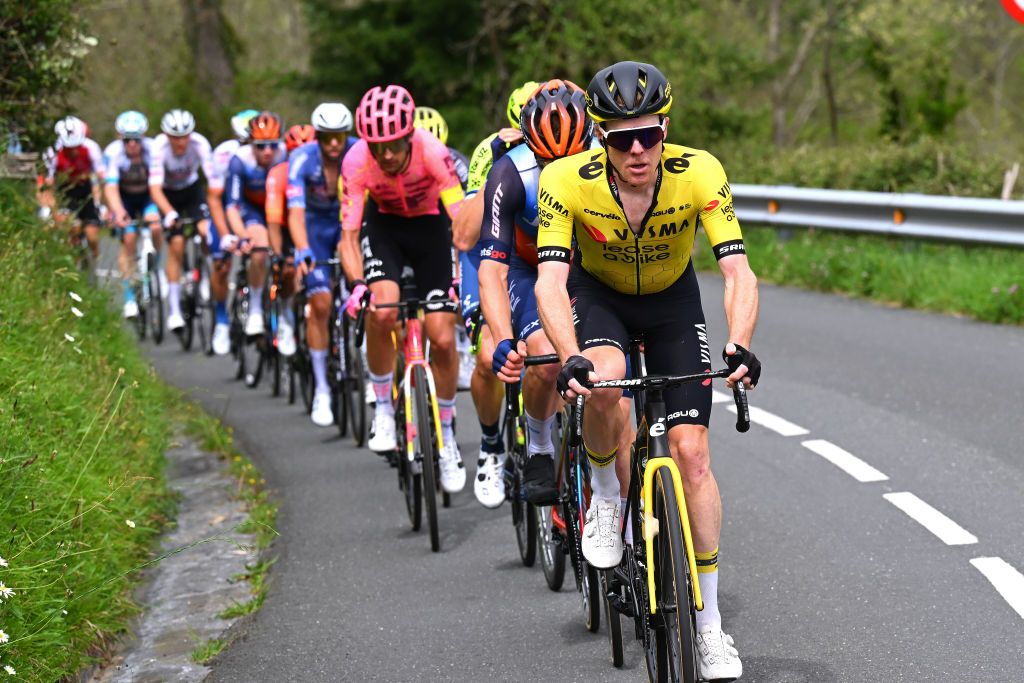 EIBAR SPAIN APRIL 06 Steven Kruijswijk of The Netherlands and Team Visma Lease a Bike competes in the breakaway during the 63rd Itzulia Basque Country 2024 Stage 6 a 1378km stage from Eibar to Eibar UCIWT on April 06 2024 in Eibar Spain Photo by Tim de WaeleGetty Images