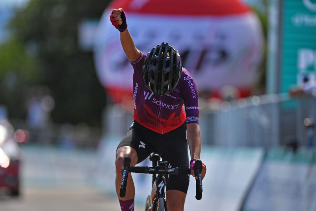 MONTE MATAJUR ITALY JULY 10 Ashleigh Moolman Pasio of South Africa and Team SD Worx celebrates at arrival during the 32nd Giro dItalia Internazionale Femminile 2021 Stage 9 a 1226km stage from FelettoUmberto to Monte Matajur 1267m GiroDonne UCIWWT on July 10 2021 in Monte Matajur Italy Photo by Luc ClaessenGetty Images