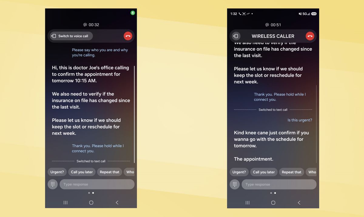 Galaxy S26 Ultra vs Pixel 10 Pro XL Call Screen screenshots.